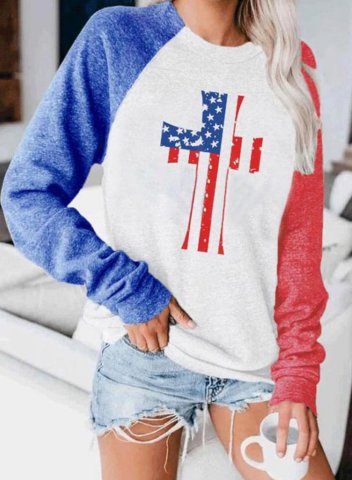 Women's Sweatshirts American Flag Print Color-block Long Sleeve Round Neck Sweatshirt