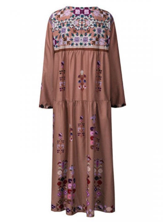 Women's Maxi Dresses Floral Multicolor Long Sleeve V Neck Boho Maxi Dress