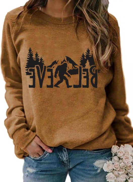 Women's Sweatshirts Retro Believe Bigfoot Print Long Sleeve Round Neck Daily Sweatshirt