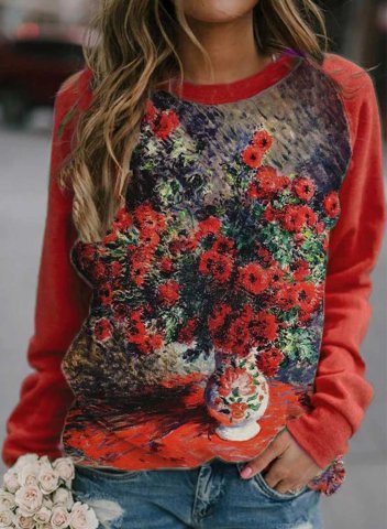 Women's Sweatshirts Floral Art Painting Multicolor Long Sleeve Round Neck Casual Sweatshirt