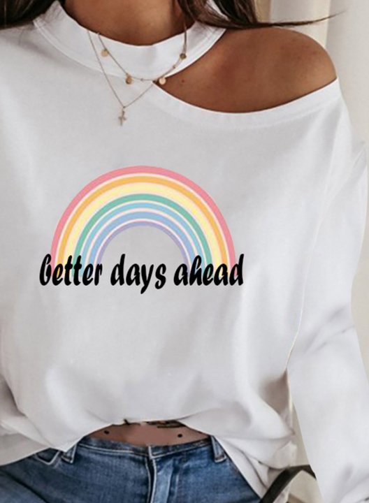 Women's T-shirts Color Block Letter Asymmetrical Halter Neck Long Sleeve Casual Daily T-shirts