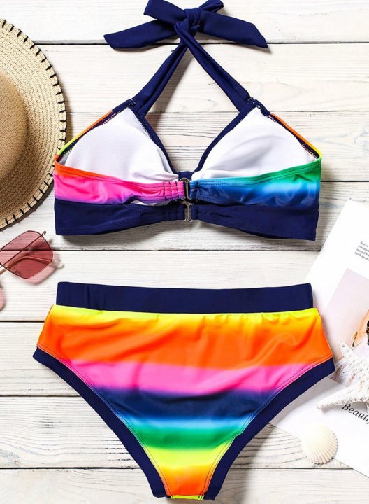 Women's Bikinis Color Block Striped Sleeveless Adjustable Wire-free Halter Padded Knot Vacation Bikini