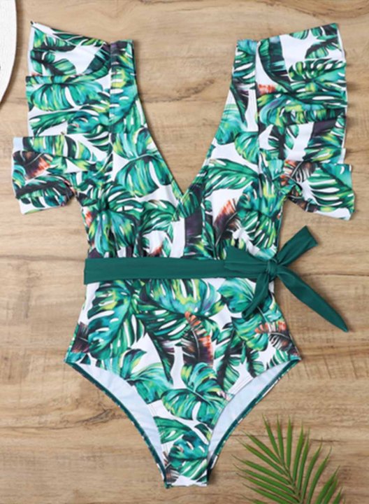 Women's One Piece Swimwear Floral V Neck Short Sleeve Ruffle Knot Casual One-Piece Swimsuits One-Piece Bathing Suits