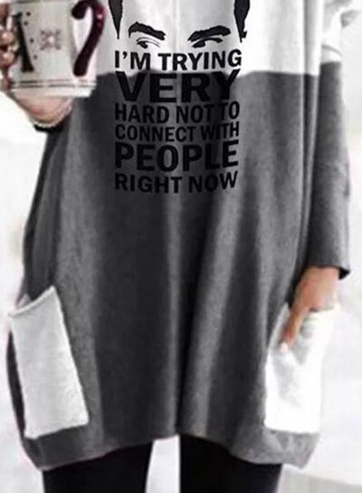 Women's Tunic Tops Color Block Portrait Long Sleeve Round Neck Casual Pocket Top