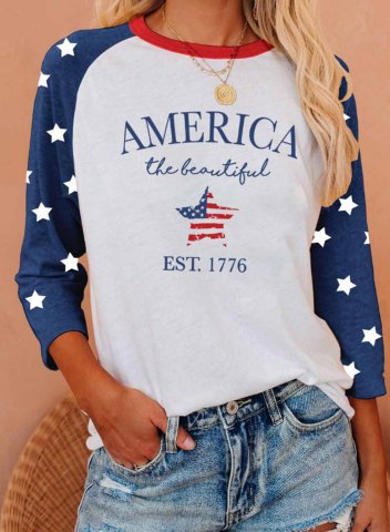 Women's Sweatshirts American Flag&Letter Print Color-block 3/4 Sleeve Round Neck Sweatshirt