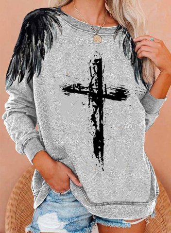 Women's Cross Print T-shirts Multicolor Letter Round Neck Long Sleeve Daily Casual T-shirts