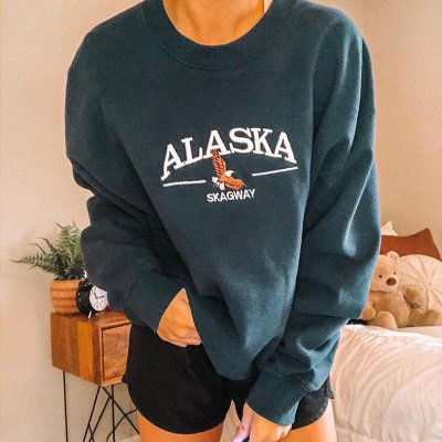 ALASKA SKAGWAY Print Crew Neck Loose Casual Sweatshirt