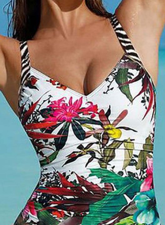 Women's One-Piece Swimsuits One-Piece Bathing Suits Floral Fruits & Plants Spaghetti Casual Swimsuits