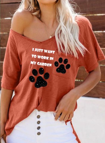 Women's T-shirts Bear Letter Paw print Short Sleeve V Neck Daily Pocket Tunic T-shirt