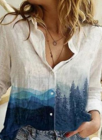 Women's Landscape Mountain Shirts Color Block Casual Turn Down Collar Long Sleeve Basic Shirts