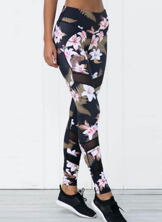 Women's Leggings Mesh Slim Floral Fruits & Plants Mid Waist Full Length Daily Sporty Pants