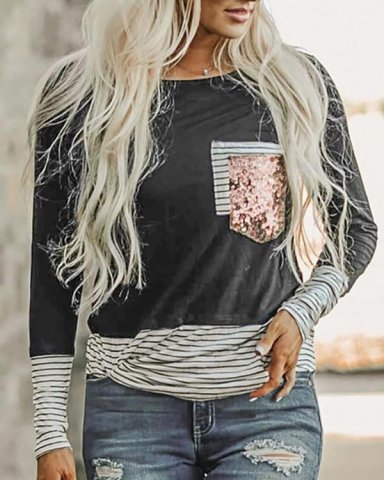Sequins Striped Colorblock Casual Top