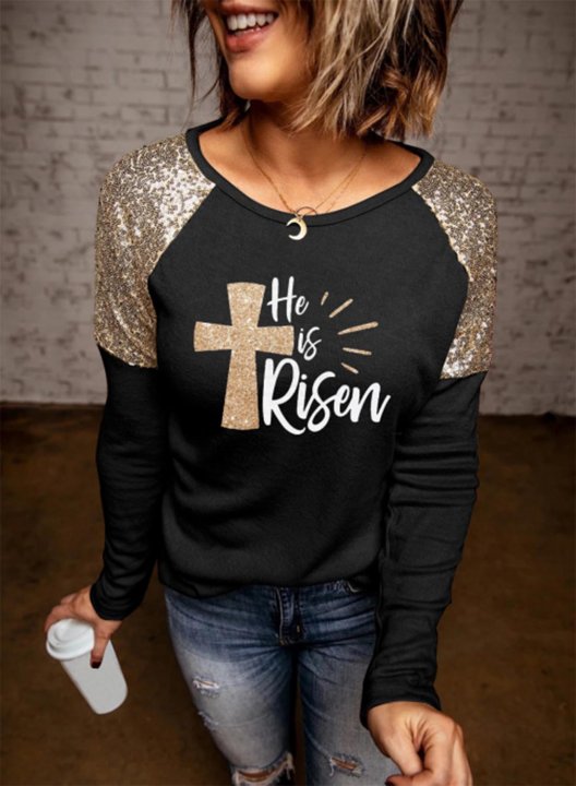 Women's T-shirts Color Block Sequin Letter Festival Round Neck Long Sleeve Casual Daily T-shirts