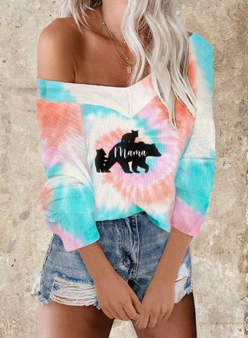 Women's Tie Dye T-shirts Casual Mama Bear Print Color Block V Neck Long Sleeve Daily T-shirts