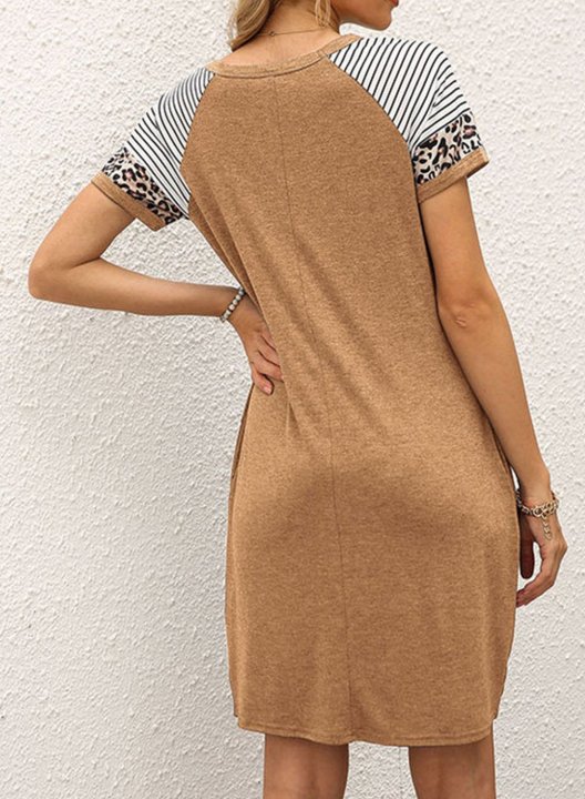 Women's Dress Striped Leopard Shift Round Neck Short Sleeve Summer Casual Daily Mini Dress