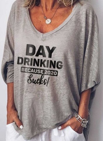 Solid Day Drinking Because 2020 Sucks Letter Print V Neck Loose Sweatshirt