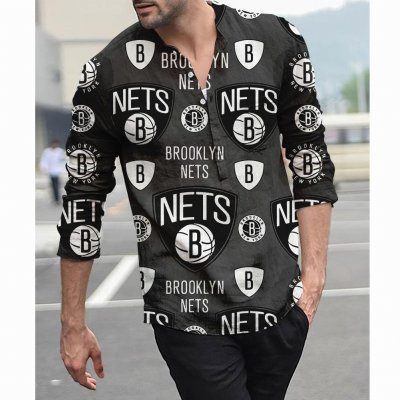 Men's Stand Collar Team Print Long Sleeve Loose Shirt