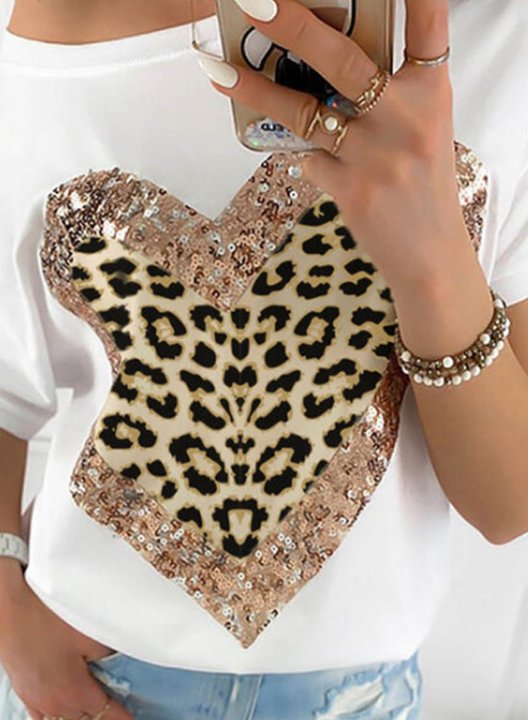 Women's T-shirts Leopard Heart-shaped Print Sequin Short Sleeve Asymmetrical Cold-shoulder Daily T-shirt