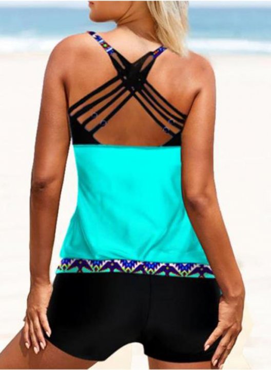 Women's Tankinis Color Block Tropical V Neck Vacation Beach Padded Boho Criss Cross Tankini