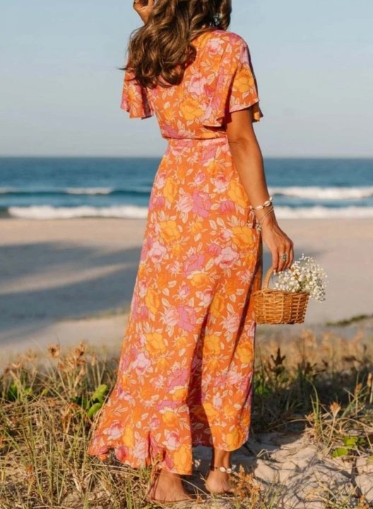 Women's Maxi Dress Floral Fit & Flare V Neck Short Sleeve Summer Daily Boho Maxi Dress