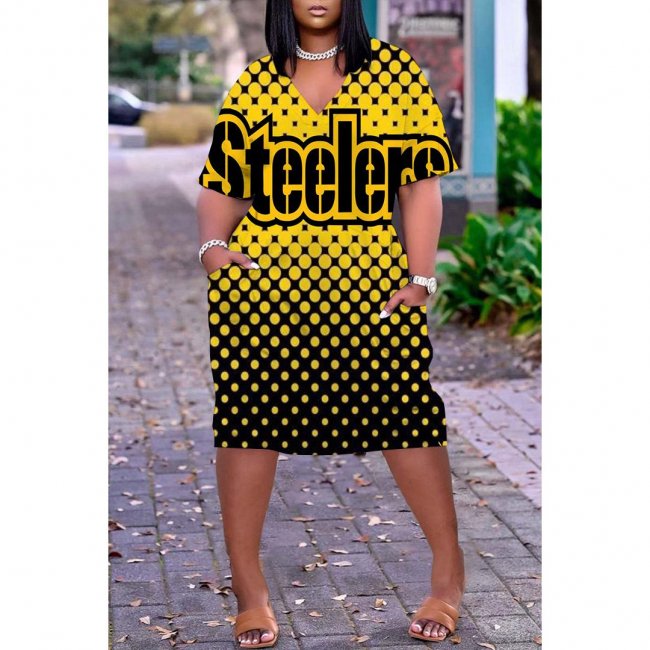 Pittsburgh Steelers Print Fashion Casual V Neck Short Sleeve Dress