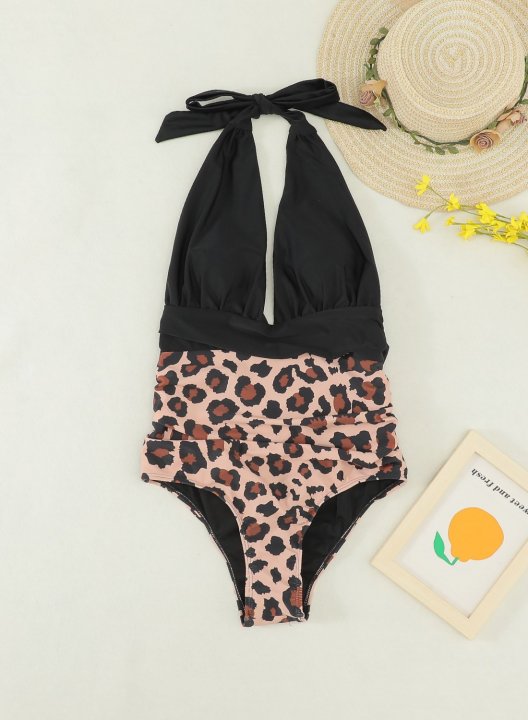 Women's Swimsuit Solid Leopard V Neck Vacation One-Piece Swimsuits One-Piece Bathing Suits