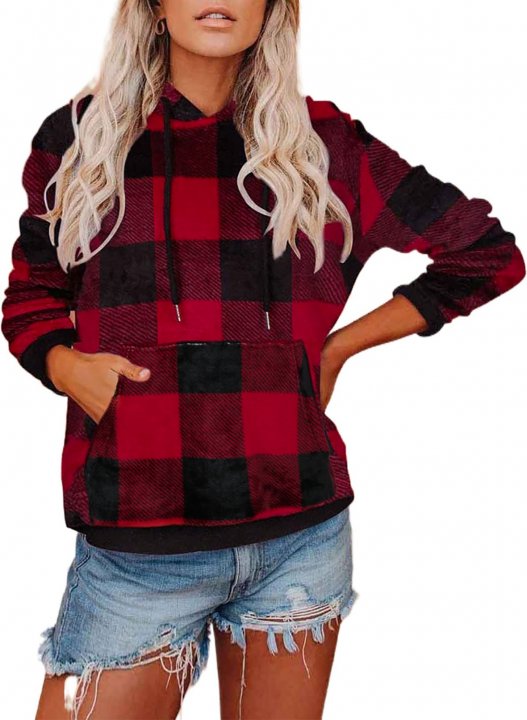 Red Plaid/Leopard Camouflage Long Sleeve Hoodie