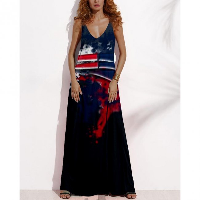 Women's Summer NEW ENGLAND PATRIOTS Fan Print V-neck Sleeveless Loose Long A-line Dress