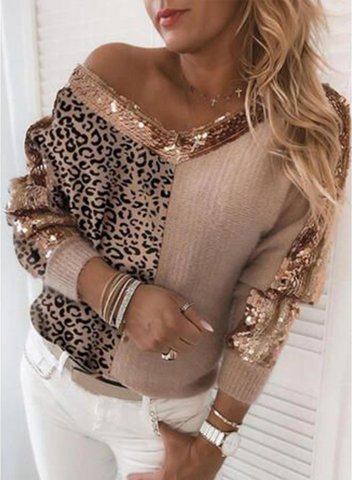 Women's Sweaters V Neck Long Sleeve Leopard Sequin Casual Sweaters