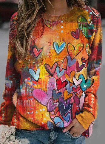 Women's Sweatshirts Floral Heart-shaped Colorblock Long Sleeve Round Neck Casual Sweatshirt