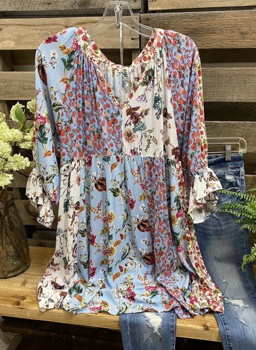 Women's Blouses Floral Color Block V Neck 3/4 Sleeve Summer Casual Daily Blouses