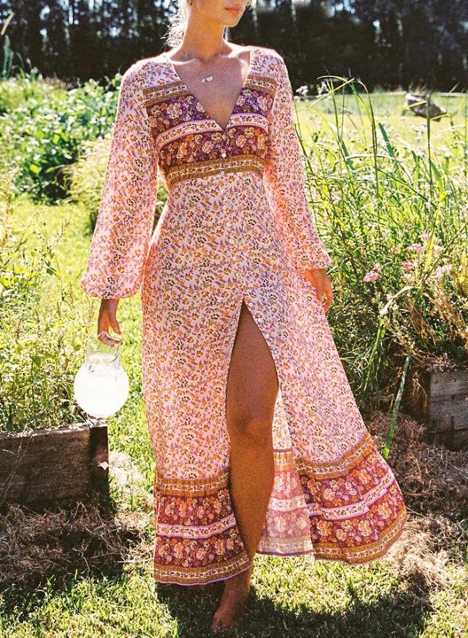 Women's Maxi Dresses Button Fit & Flare Floral Long Sleeve V Neck Vacation Boho Maxi Dress