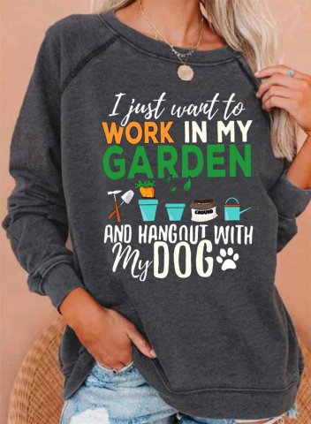 Women's I Just Want To Work In My Garden Sweatshirt Paw Print Solid Round Neck Long Sleeve Daily Pullover