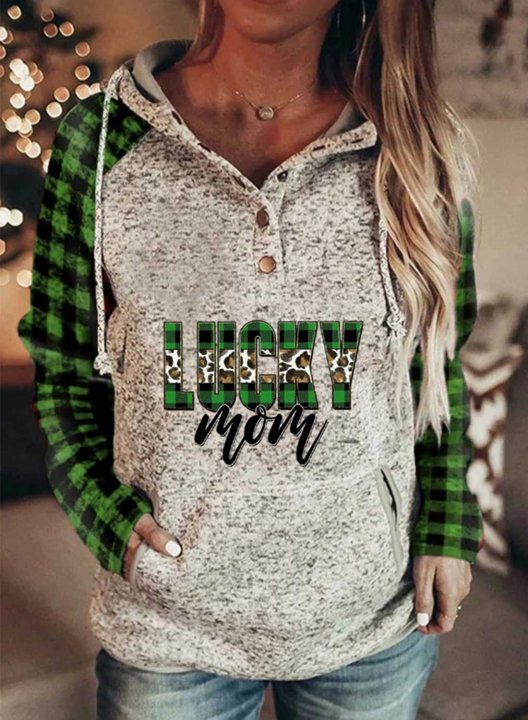 Women's Hoodies Plaid Letter Drawstring Button Long Sleeve Color Block Pocket Hoodies