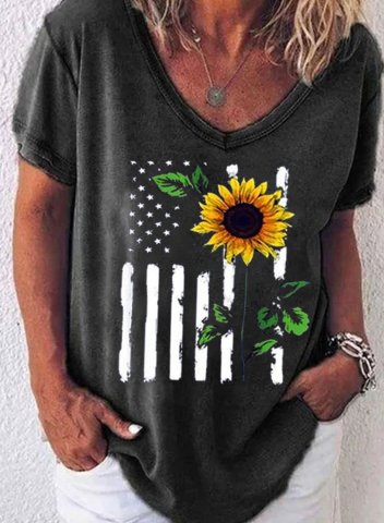 Women's T-shirts Sunflower American Flag Short Sleeve V Neck Casual Daily T-shirts