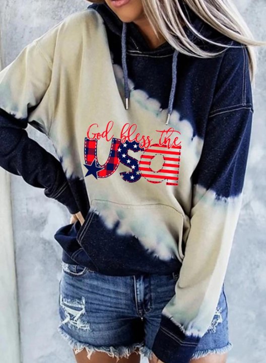 Women's Hoodies Letter God Bless the UAS & Flag Print Long Sleeve Casual Hoodie