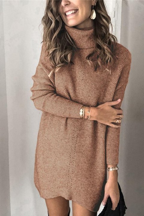 Casual Turtleneck Solid Knitted Sweater Dress