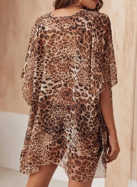 Women's Cover-ups Leopard Turtleneck Half Sleeve Open Front Vacation Beach Casual Cover-ups