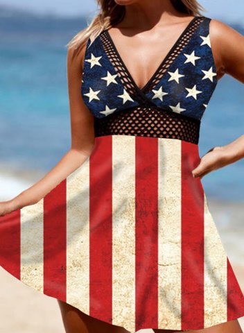 Women's Tankinis Mid Waist Mesh Striped American Flag V Neck Padded Vintage Tankini Set