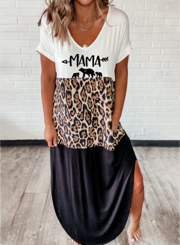Women's Mama Bear Casual Long Dress Color Block Letter Leopard Short Sleeve A-line V Neck Split Beach Daily Casual Maxi Dress