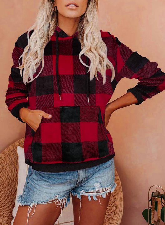 Red Plaid/Leopard Camouflage Long Sleeve Hoodie