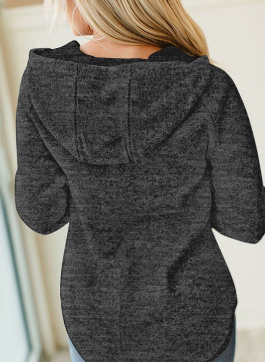 Solid V Neck Button Long Sleeve Hoodie