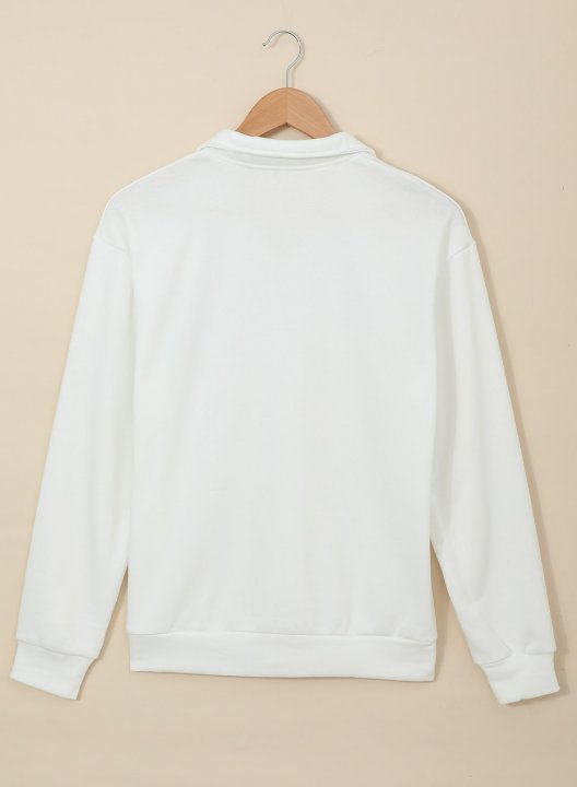 Solid Long Sleeve Letter V Neck Zip Front Sweatshirt