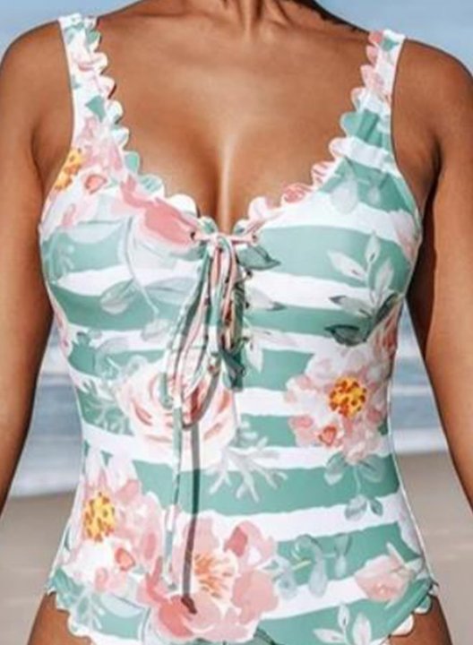 Women's One Piece Swimwear Floral Striped V Neck Knot One-Piece Swimsuit