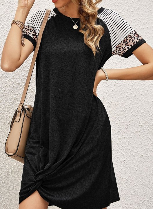 Women's Dress Striped Leopard Shift Round Neck Short Sleeve Summer Casual Daily Mini Dress