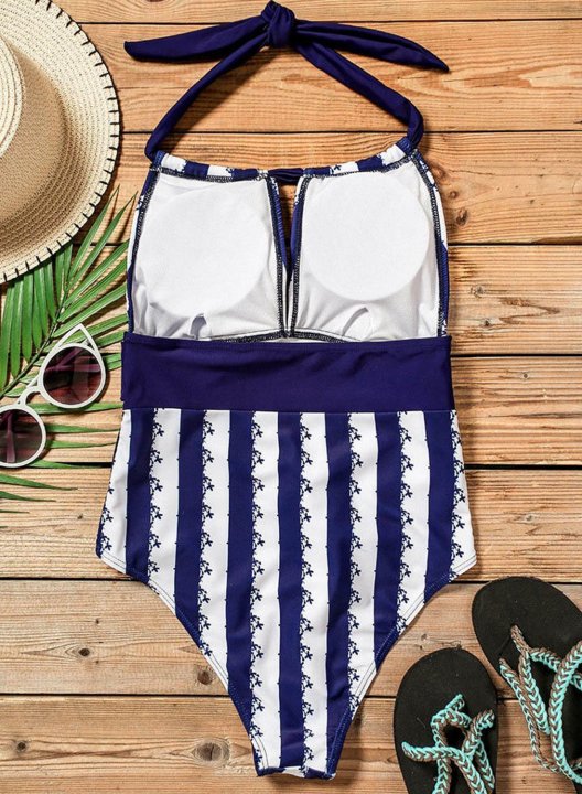 Women's One Piece Swimwear Color Block Striped Halter One-Piece Swimsuit