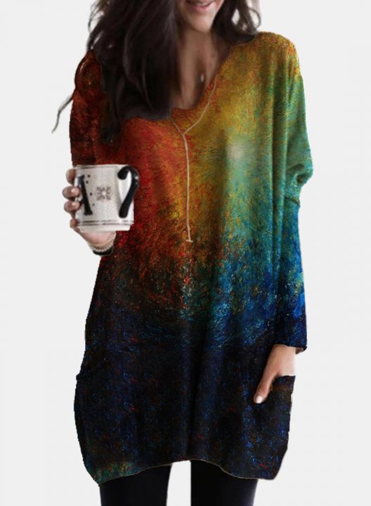 Women's Tunics Tops Multicolor Tie dye Long Sleeve V Neck Pockets Daily Tunic