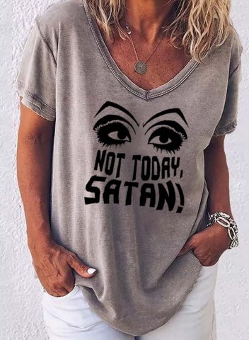 Women's T-shirts Portrait Letter Not Today Satan Solid V Neck Short Sleeve Summer Casual Daily T-shirts