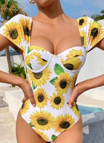 Women's One Piece Swimwear Color Block Floral Short Sleeve Square Neck One-Piece Swimsuit