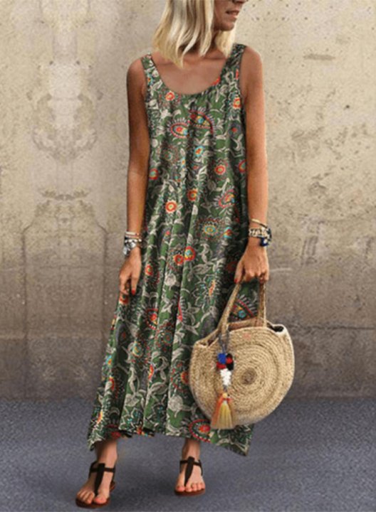 Women's Maxi Dresses Floral Sleeveless A-line Round Neck Boho Beach Maxi Dress